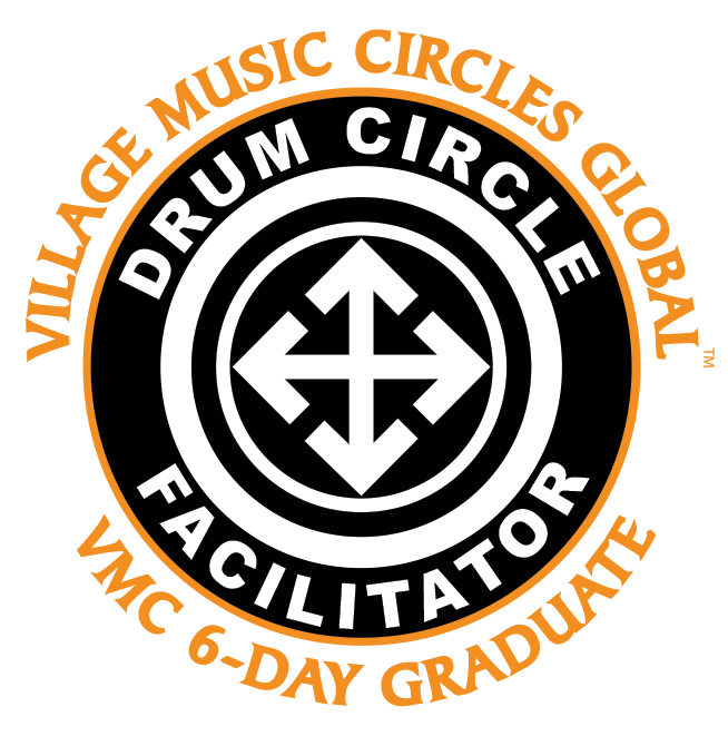 logo of village music circles: racilitating human potential though rhythm